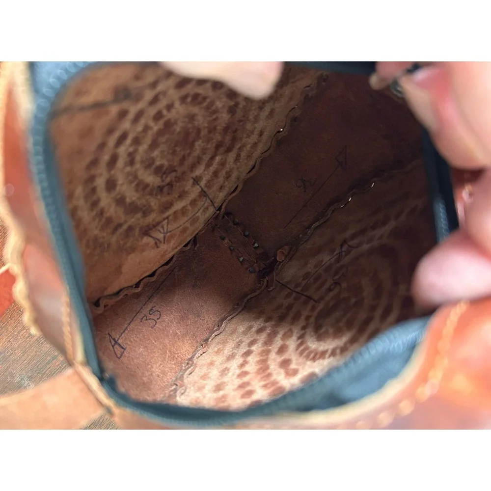 Handmade Round Leather Crossbody Bag Embossed Mandala Tooled Brown Boho Purse